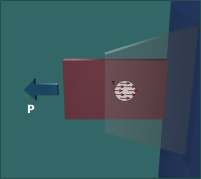 The figure shows a rectangular plate on a gusset plate which is anchored to a column on the right. A circular hole is shown on the plate through which the pin can be inserted. The axial load, P, on the plate is directed to the left. The shear stress on the portion of the pin embedded on the plate is labeled tau and it is directed to the right.