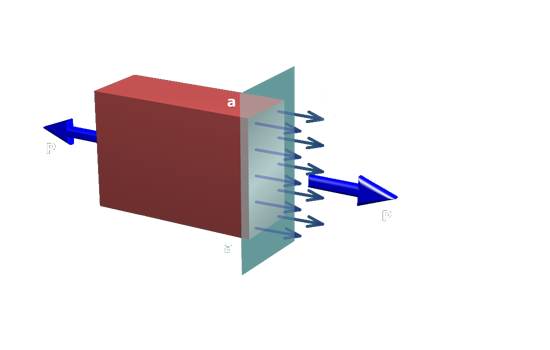 The figure shows a section of a prismatic bar. Equal magnitude loads on either end have magnitude P and are directed away from the surface of the bar. The stresses on a section labeled a a are directed rightwards.