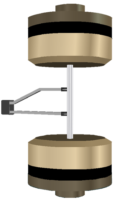 The figure shows a test specimen fixed between upper and lower grips. The knife edges of an extensometer contact the specimen at two points.