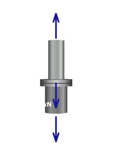 The figure shows the free body diagram around flange B. The free body diagram cuts through members 1 and 2. The load on the flange is P which equals 110 kilo newtons directed vertically downwards. The reaction force on member 1 is F subscript 1 directed vertically upwards. The reaction force on member 2 is F subscript 2 directed vertically downwards.