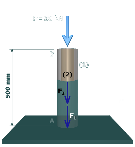 The figure shows the free body diagram of the tube near the free end B. The load on top of the tube is P which equals 30 kilo newtons directed vertically downwards. The reaction force on member 2 is F subscript 2 directed vertically downwards. The reaction force at the base of the tube is F subscript 1 directed vertically downwards.
