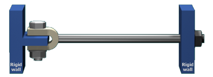 The figure shows a rod attached to rigid walls on the left and right. The rod is screwed into the wall and bolted firmly on the right. A 15 millimeters diameter bolt connects the rod to a rigid wall on the left.
