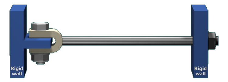 The figure shows a rod attached to rigid walls on the left and right. The rod is screwed into the wall and bolted firmly on the right. A 15 millimeters diameter bolt connects the rod to a rigid wall on the left.