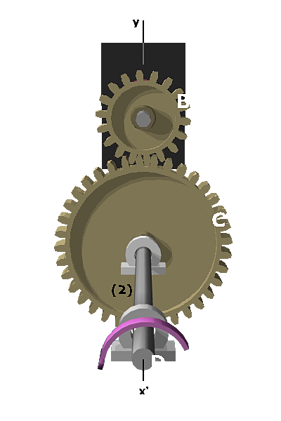 Diagram shows a gear B is placed above the gear C. A shaft passes through gear C. A torque T in counter clockwise direction is applied on the shaft at D. The x-axis passes through the shaft.